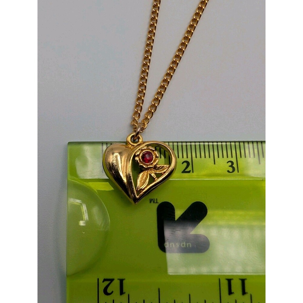 Vintage 90s Necklace Heart Flower Gold Tone Red Rhinestone Pendant Dainty Retro - Picture 9 of 10